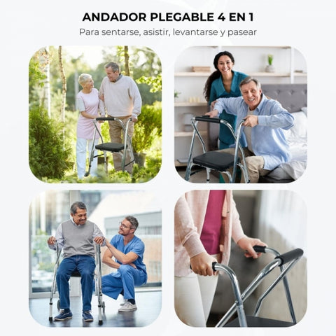 Andador plegable de 2 ruedas, asiento y respaldo