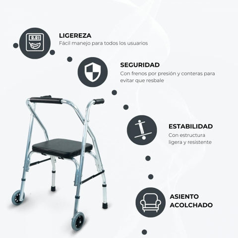 Andador plegable de 2 ruedas, asiento y respaldo